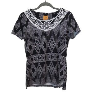 Ruby Rd Women's Black &‎ White Diamond Pattern Short Sleeve Top Size S